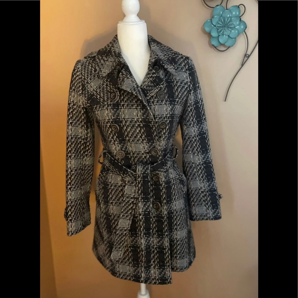 DKNY Double Breasted Coat Brown Gray Plaid Size 4